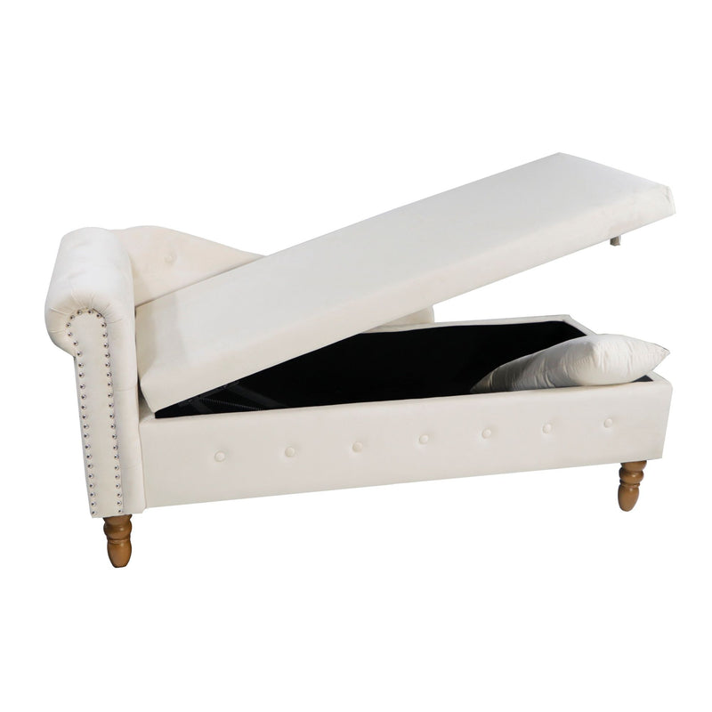 Chaise Lounge Indoor, Velvet Lounge Chair For Bedroom With Storage & Pillow, Modern Upholstered Rolled Arm Chase Lounge For Sleeping With Nailhead Trim For Living Room Bedroom Office