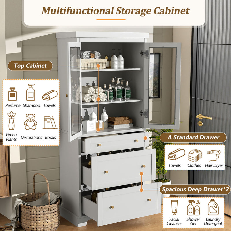 Freestanding Tall Bathroom Cabinet With 2 Adjustable Shelves, 3 Drawers, Soft Close Glass Doors - White