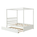 Full Size Canopy Bed with Twin Trundle, Kids Solid Wood Platform Bed Frame w/ Headboard, No Box Spring Needed White Color
