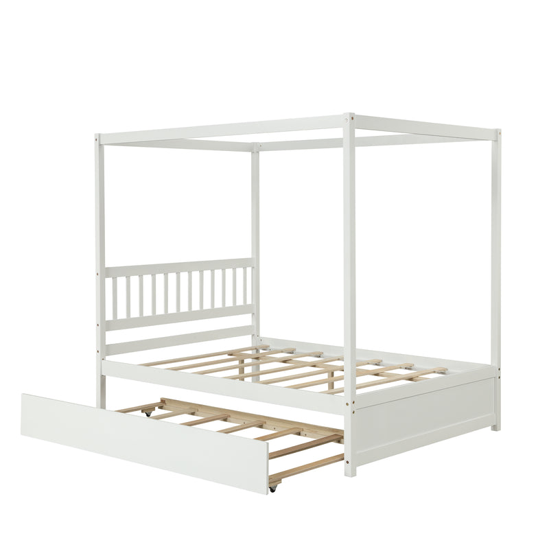 Full Size Canopy Bed with Twin Trundle, Kids Solid Wood Platform Bed Frame w/ Headboard, No Box Spring Needed White Color