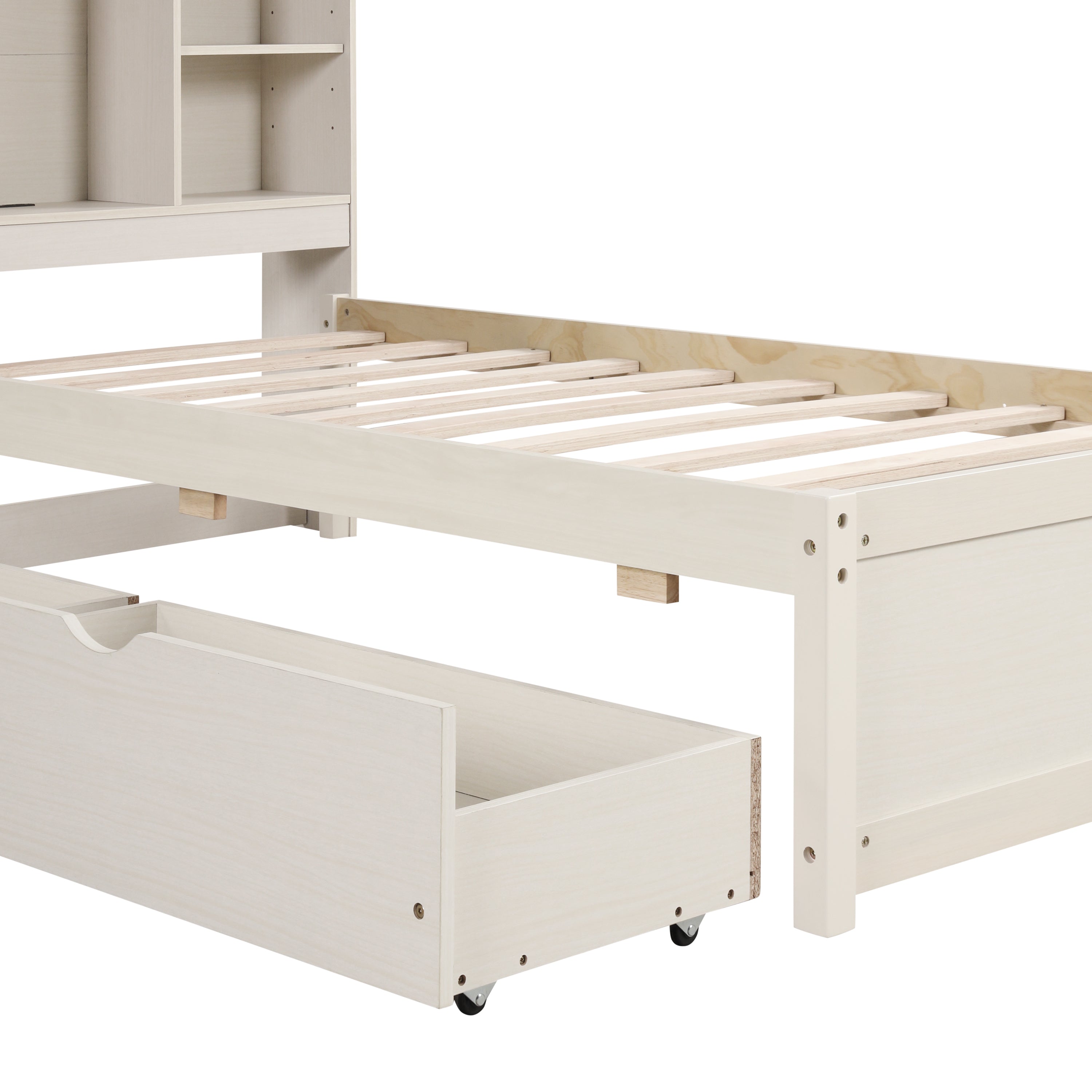 Modern Twin Size Bed Frame With Built-in USB Port on Bookcase Headboard and 2 Drawers for White Washed Color - Atlantic Fine Furniture Melbourne FL