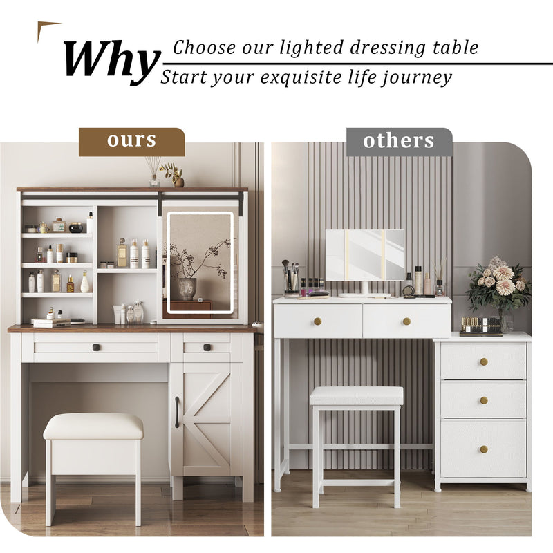 Farmhouse Makeup Vanity Desk With Sliding Mirror, LED Lights, And Storage Glass, Metal, And Wood Construction - White