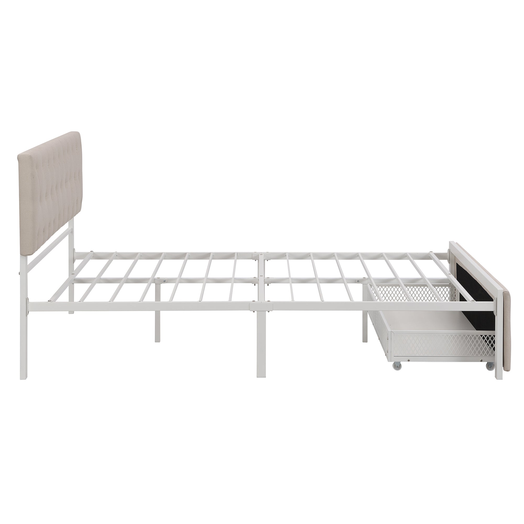 Queen Size Storage Bed Metal Platform Bed with a Big Drawer - Beige