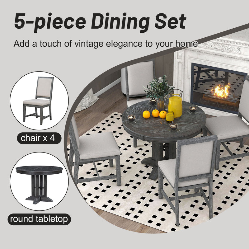 5 Piece Dining Set With Extendable Round Table And Upholstered Chairs