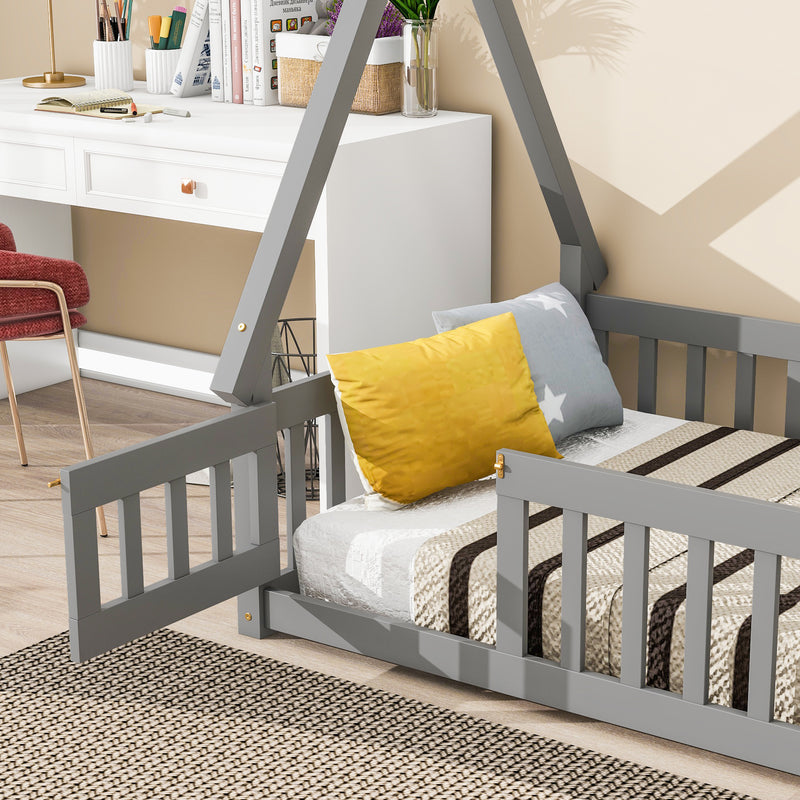 Twin Tent-shaped Floor Bed, with Guardrails, Slats, Door ,Grey