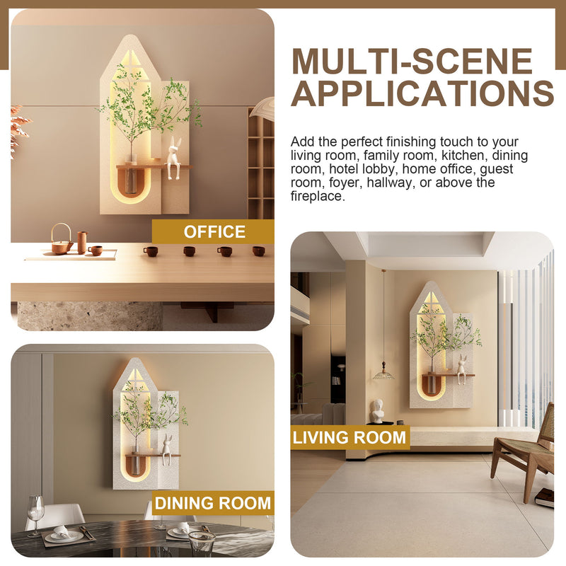 Adjustable 3 Color LED Sandstone Wall Decor With Simulated Plants, Glass Vase & Rabbit Statue - Light Coffee