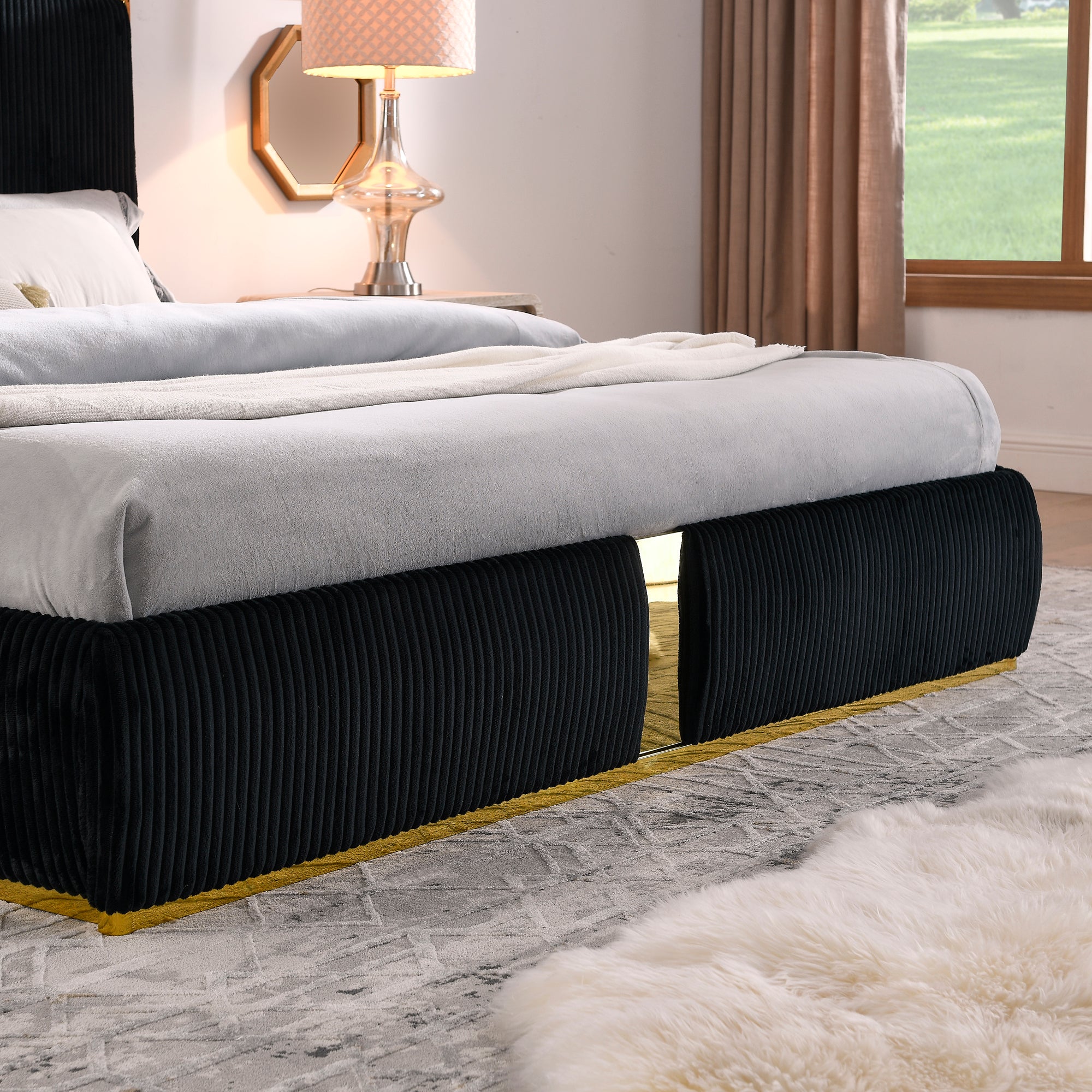 Corduroy Upholstered Bed Frame King Size 59.5" Tall  Headboard Queen Bed Frame Metal Decoration /No Box Spring Needed