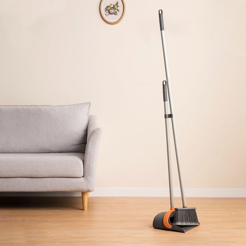 Efficient Home Cleaning Combo Broom And Dustpan Set With Long Handle Sturdy Design - Orange