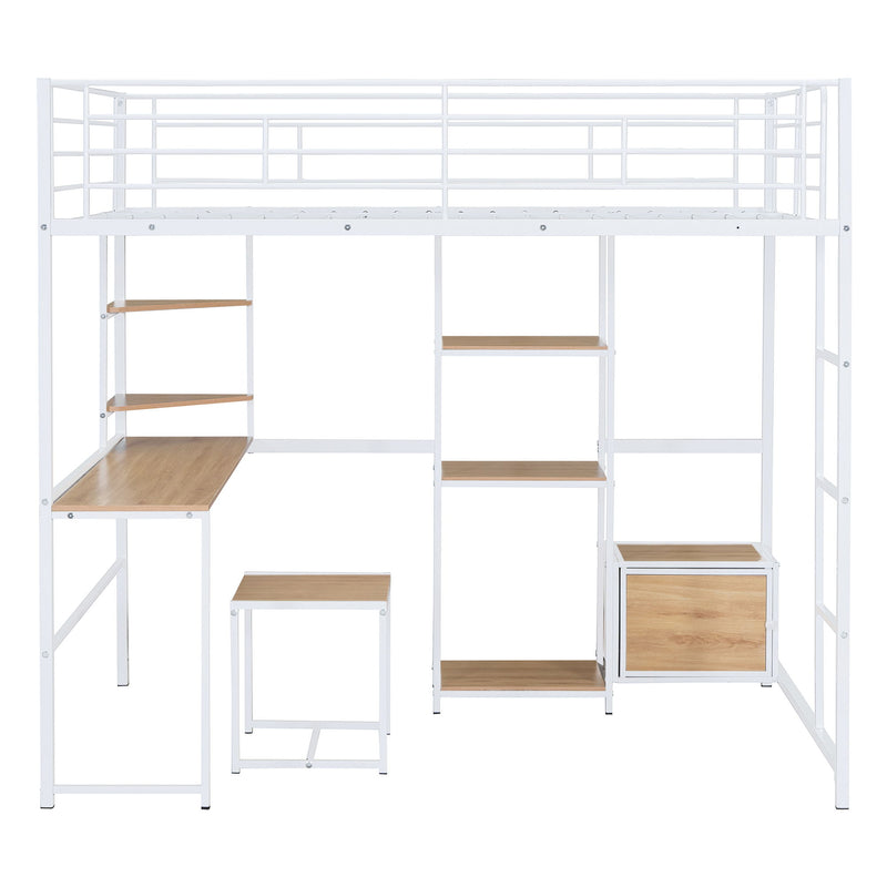 Full Size Loft Bed With Desk And Stool, With Open Style Wardrobe, Shelves And Cabinet - White