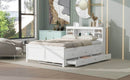 Full Size Platform Bed with Storage Headboard, USB, Twin Size Trundle and 3 Drawers, White
