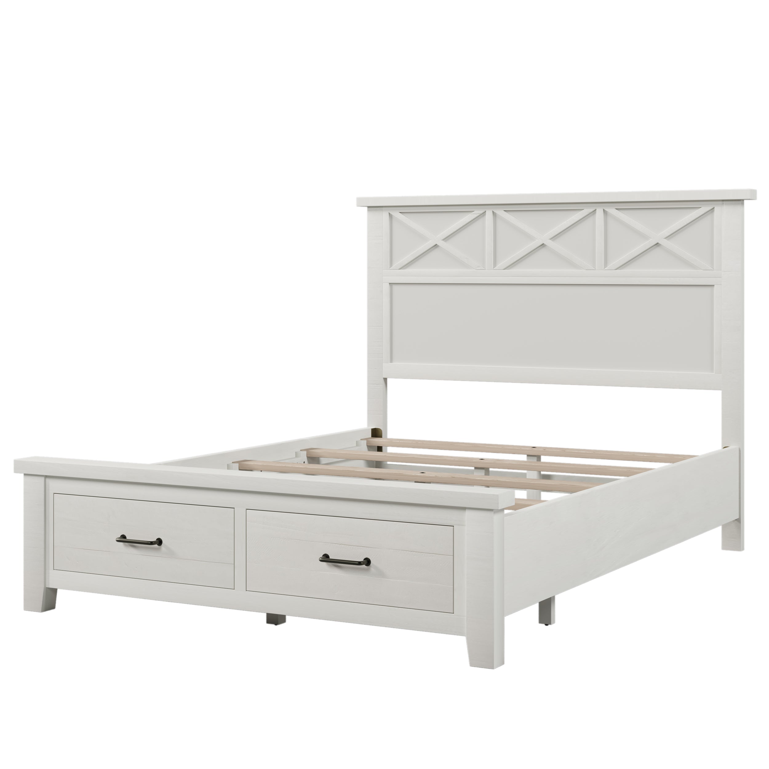 Rustic Farmhouse Style Whitewash Queen Storage Panel Bed with Two Drawers, White(old sku:BS301592AAK) - Atlantic Fine Furniture Melbourne FL