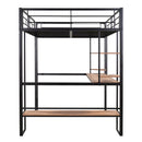 Full Size Loft Metal&MDF Bed with Long Desk and Shelves,Black