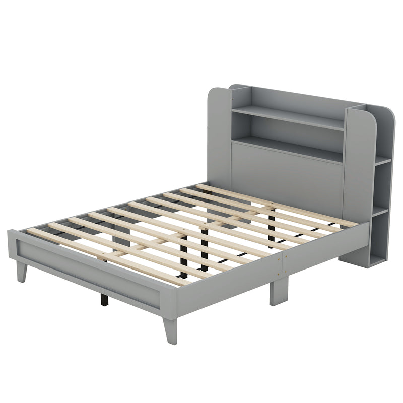 Full Size Platform Bed with Storage Headboard,Multiple Storage Shelves on Both Sides,Grey