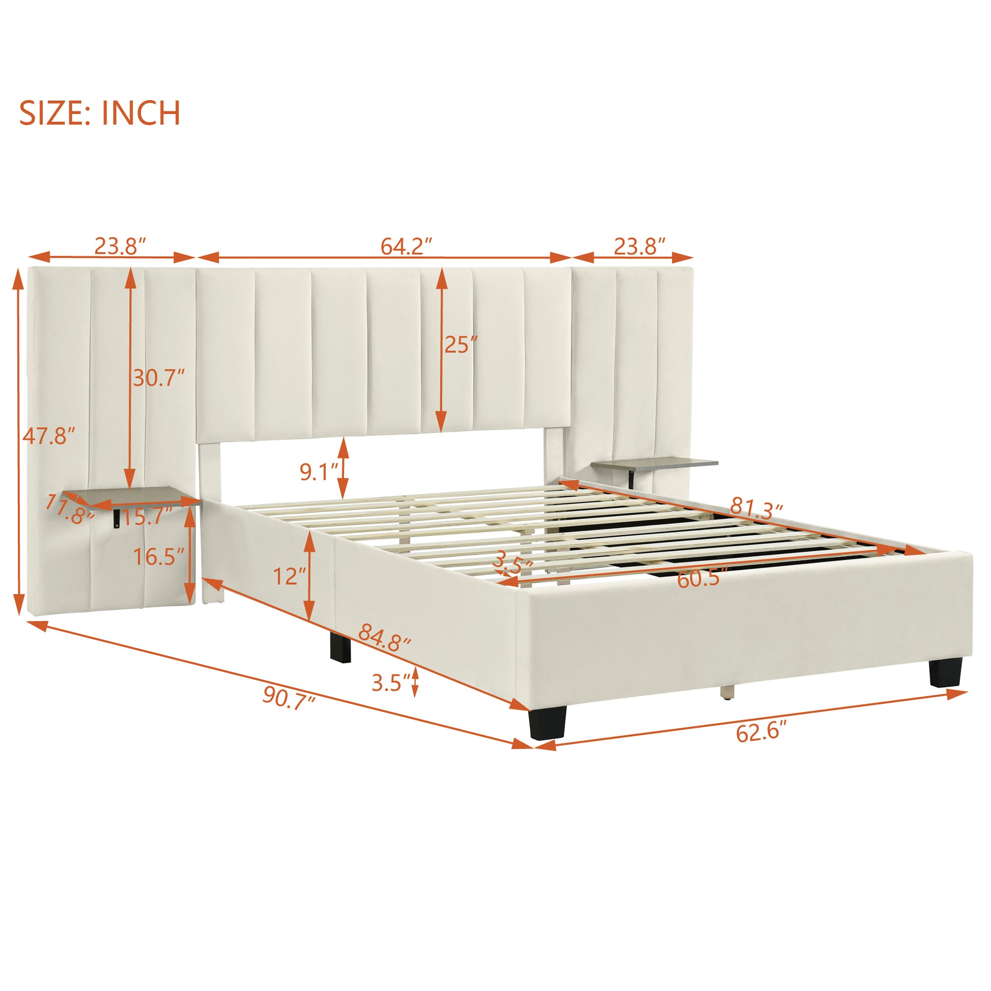 Queen Size Upholstered Platform Bed with Big Headboard, Bedroom Furniture, Velvet, Beige - Atlantic Fine Furniture Melbourne FL