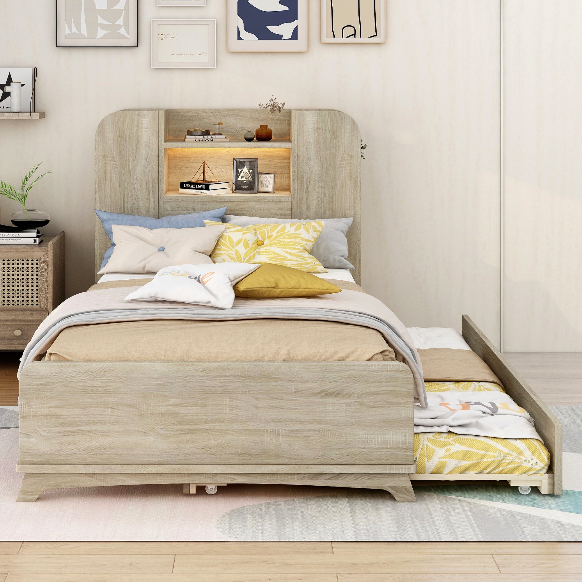 Twin Size Storage Platform Bed Frame with with Trundle and Light Strip Design in Headboard,Natural - Atlantic Fine Furniture Melbourne FL