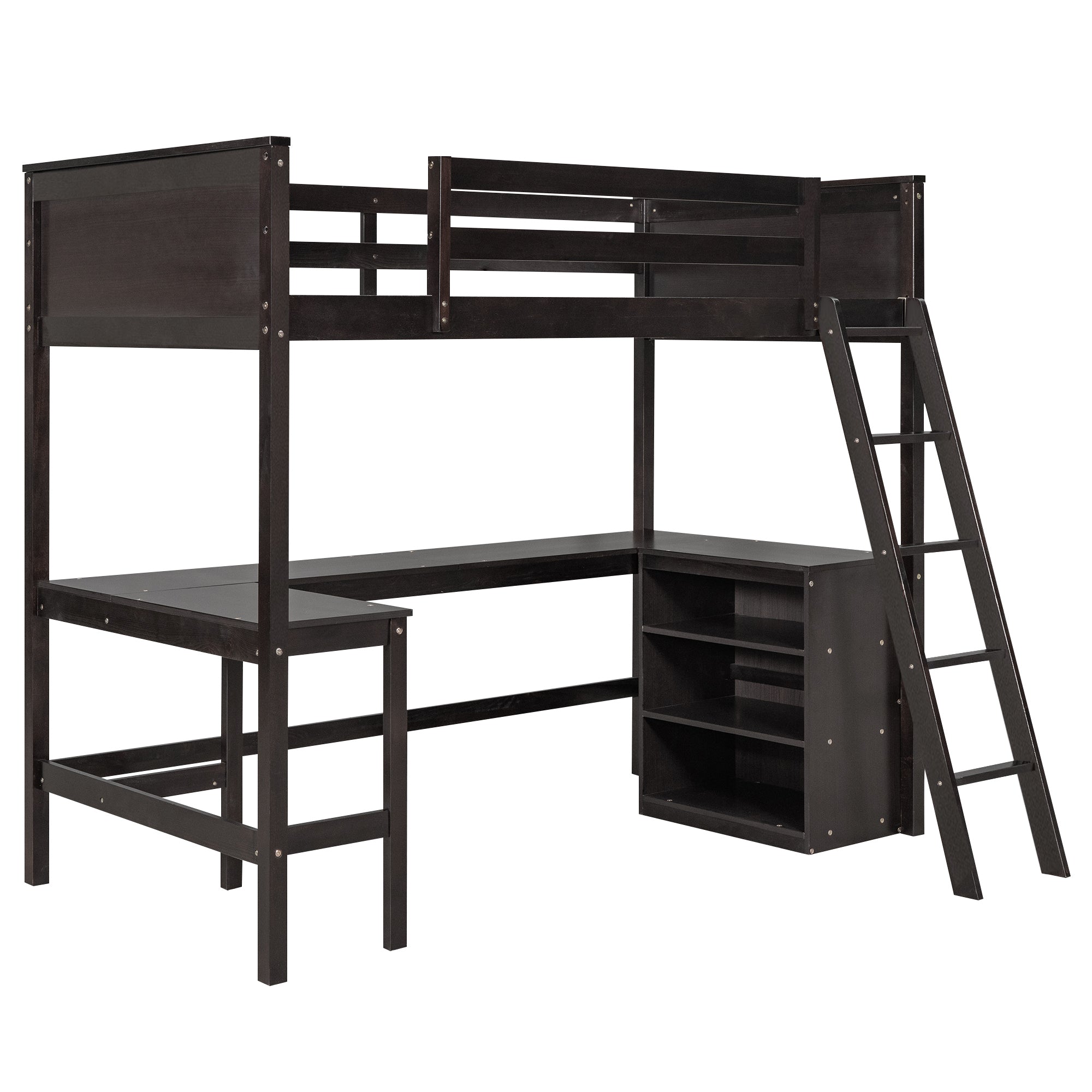Twin size Loft Bed with Shelves and Desk, Wooden Loft Bed with Desk - Espresso(OLD SKU:LT000537AAP) - Atlantic Fine Furniture Melbourne FL