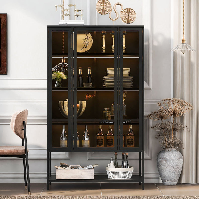 Modern Steel Display Cabinet With LED Lights And Glass Door For Home Or Workspace - Black