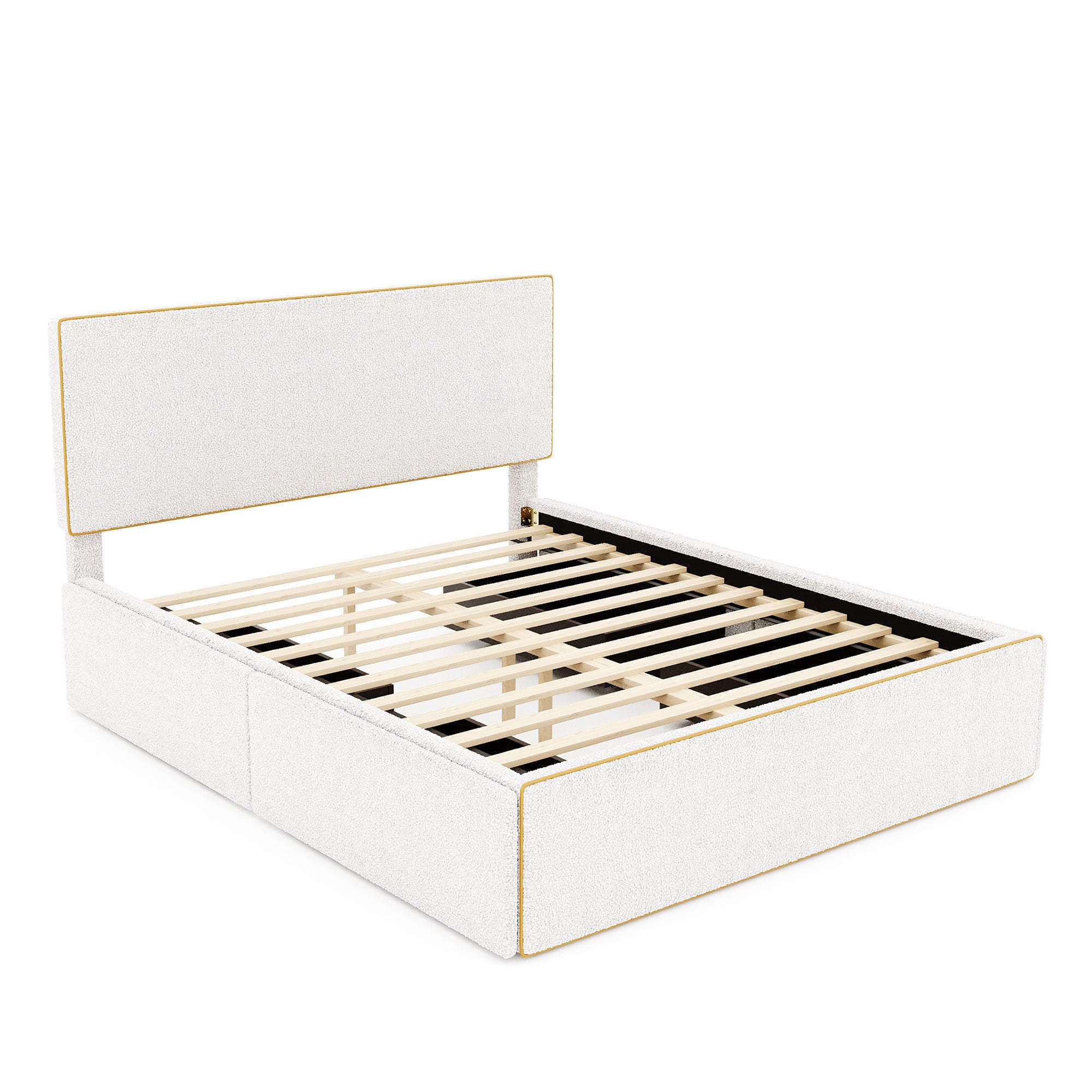 Full Size Upholstered Platform Bed with 4 Drawers and Golden Edge on the Headboard & Footboard, White - Atlantic Fine Furniture Melbourne FL