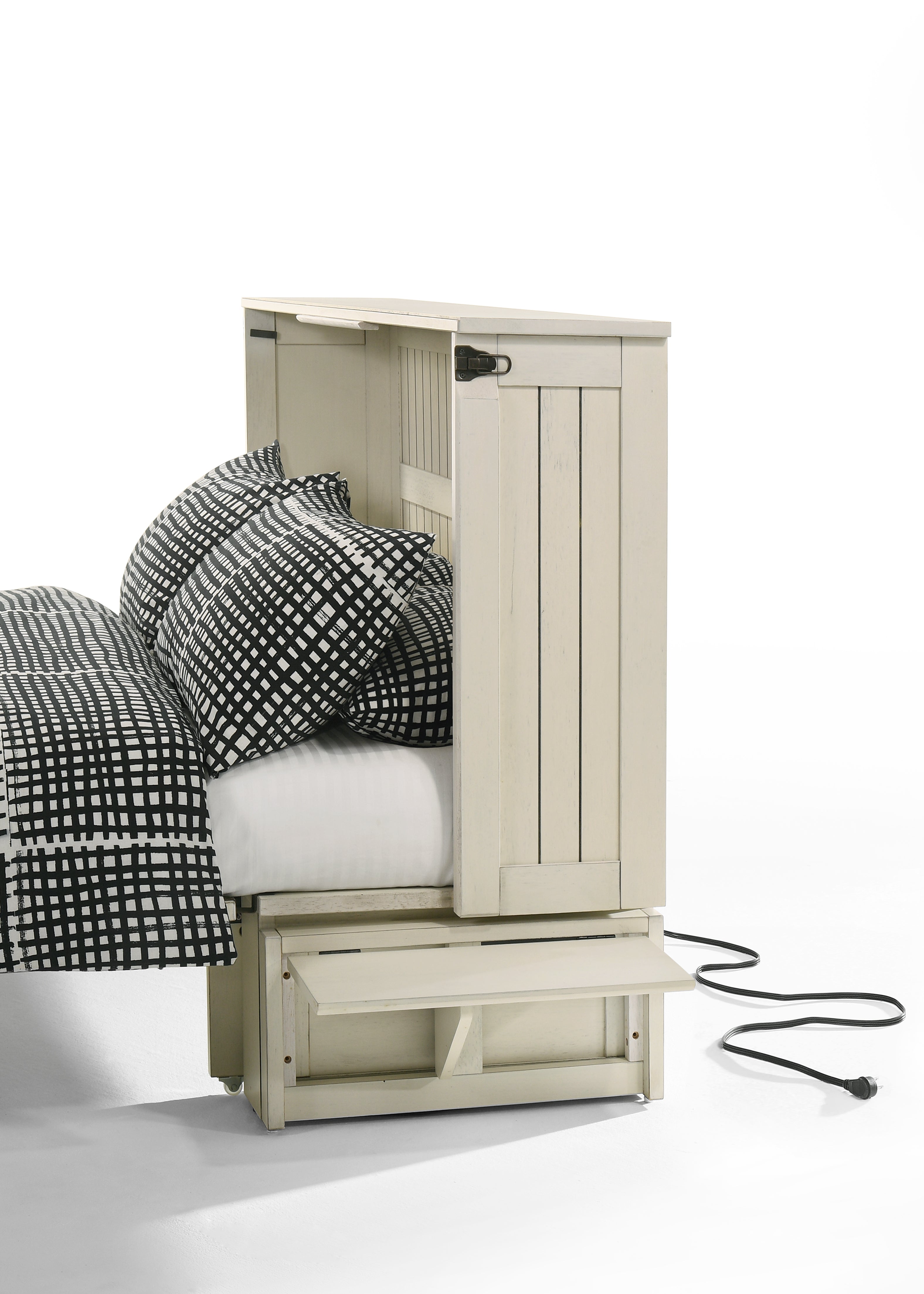 Camden Murphy Cabinet Bed in Vintage White, side view with drawer open | Atlantic Fine Furniture, Melbourne FL