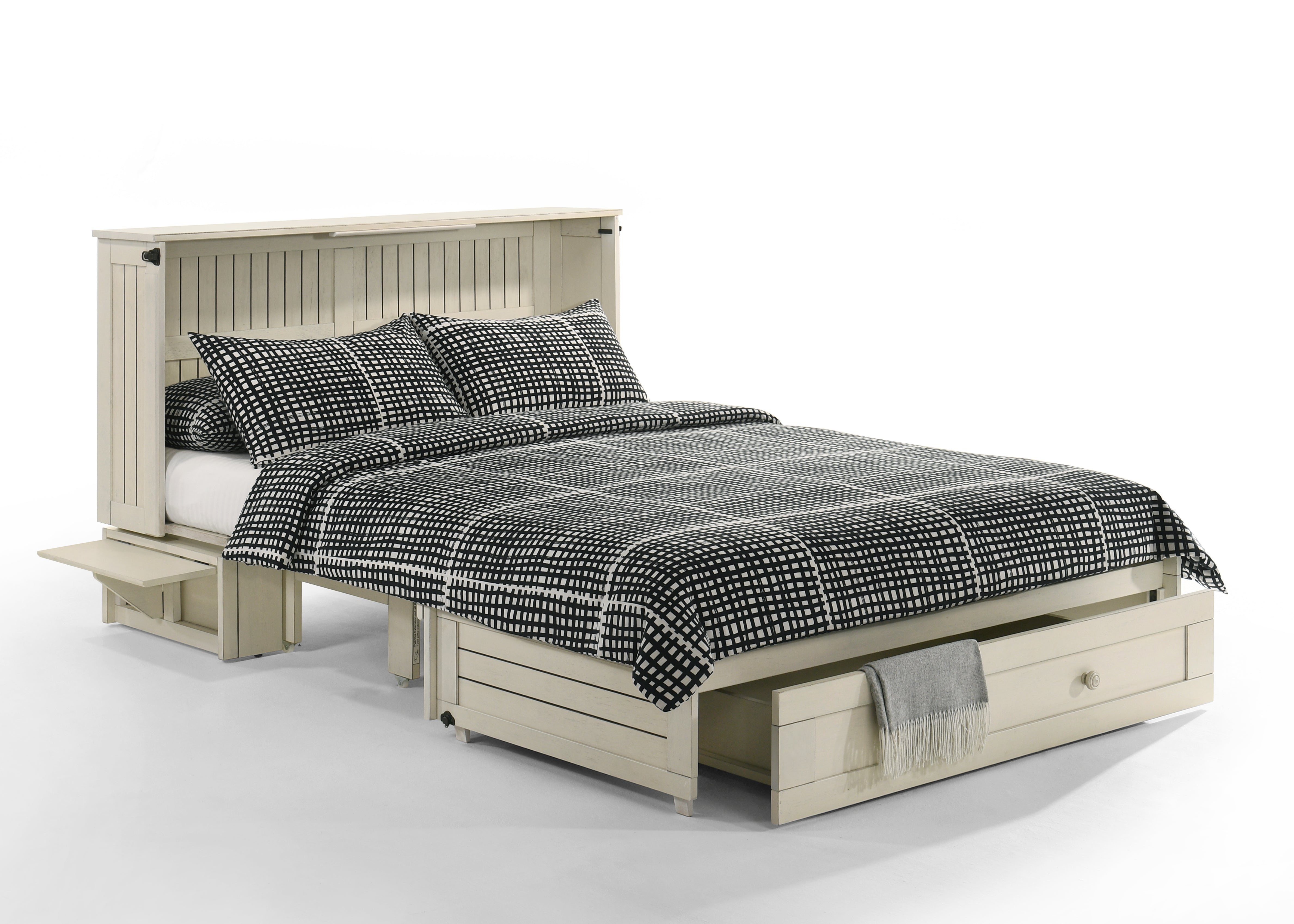 Camden Murphy Cabinet Bed in Vintage White, storage drawer open and trays up | Atlantic Fine Furniture, Melbourne FL
