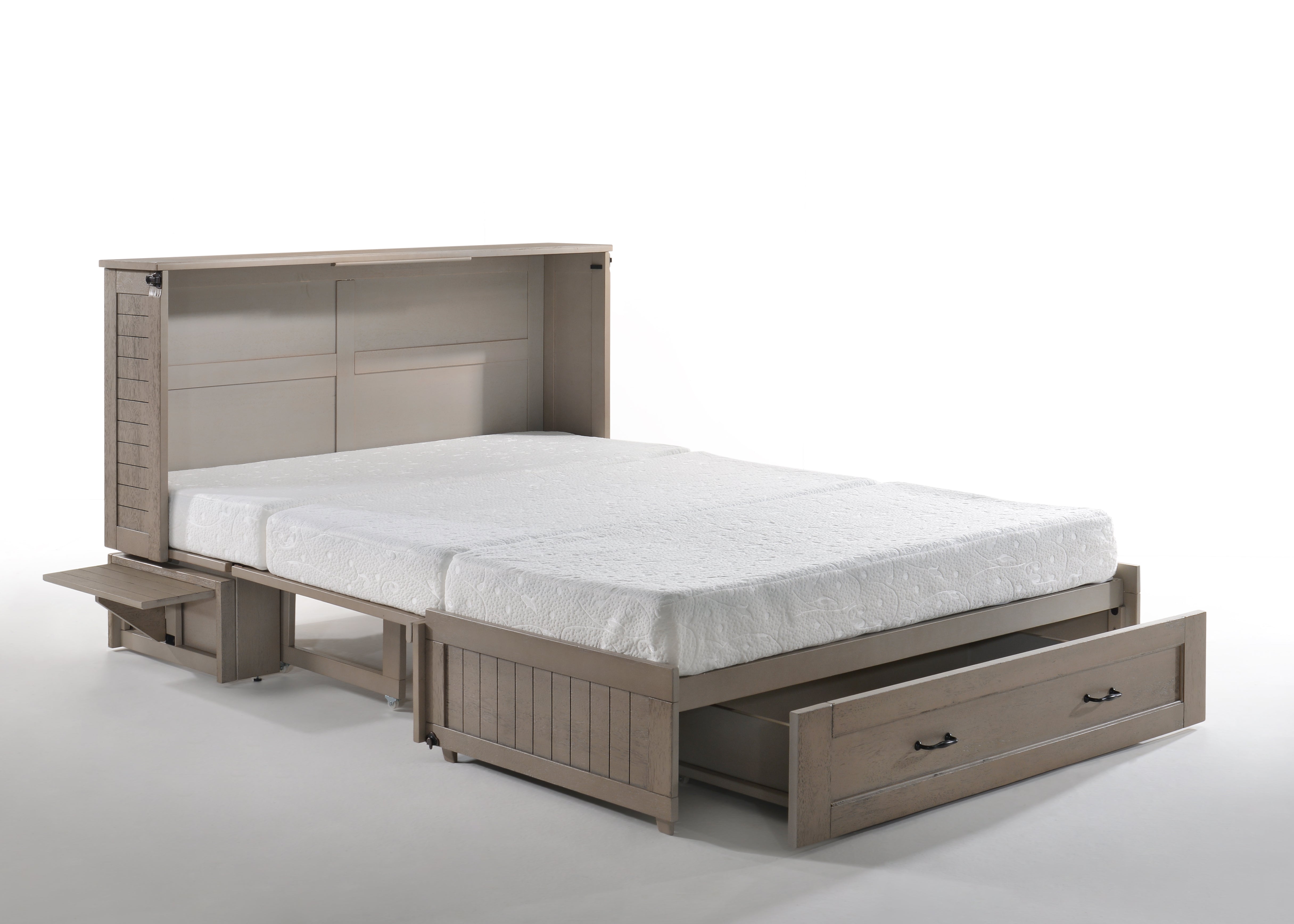 Cannes Murphy Cabinet Bed in Brushed Driftwood, storage drawer open | Atlantic Fine Furniture, Melbourne FL