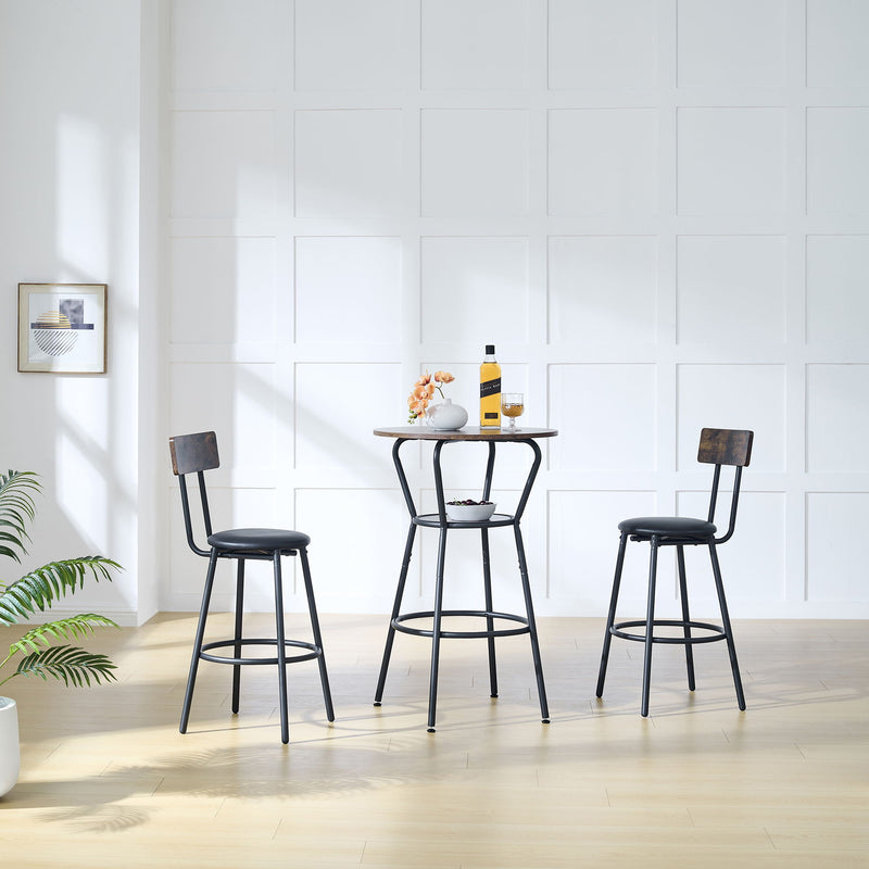 Rustic Brown Round Bar Table And Stool Set With Shelf, Upholstered Stool With Backrest - Antique Brown