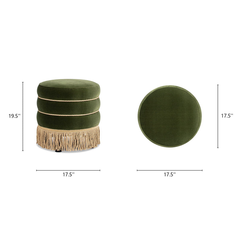 Edward - Round Upholstered Ottoman With Bullion Fringe - Olive Green