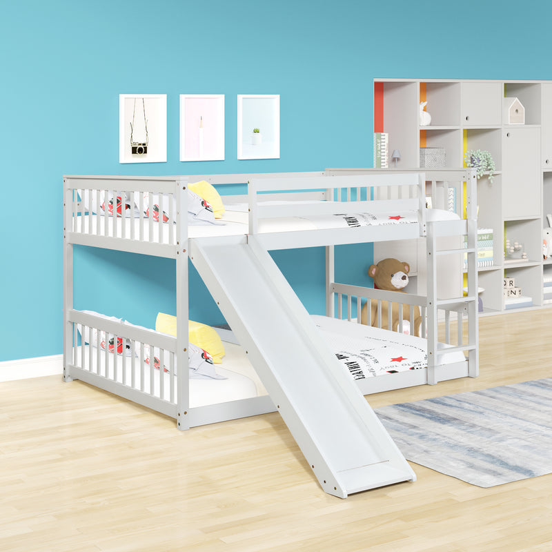 Full over Full Bunk Bed with Slide and Ladder in White Color