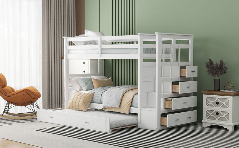 Twin Over Twin Bunk Bed With Trundle And Staircase - White