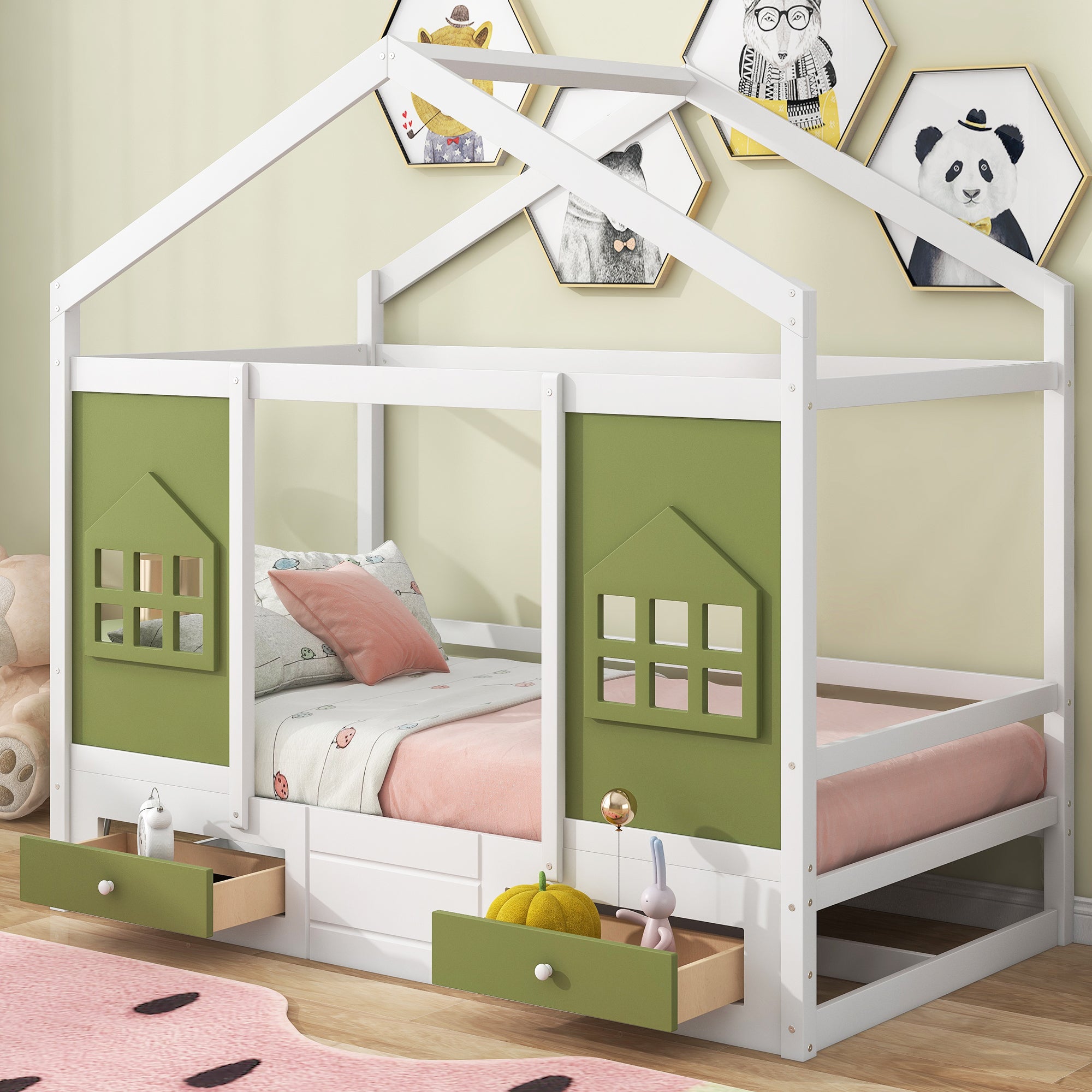 Twin Size Wood House Bed with 2 Drawers and Window Decoration, White+Olive Green - Atlantic Fine Furniture Melbourne FL
