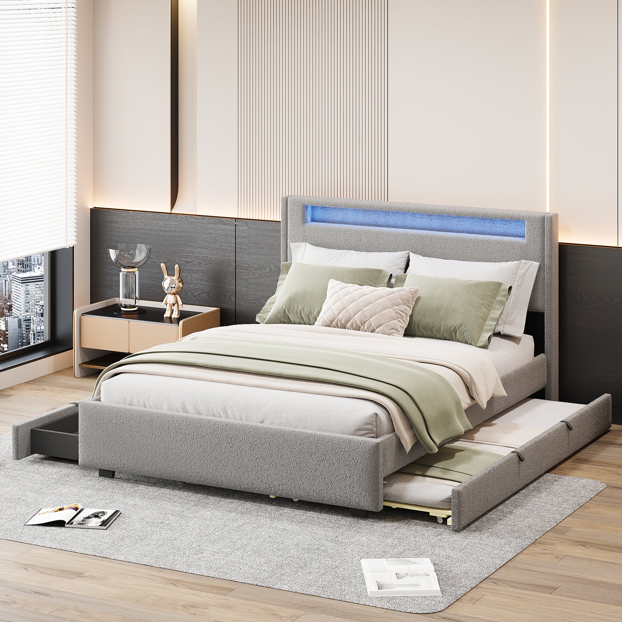 Full Size Upholstered Platform Bed with LED Frame, with Twin  Size Trundle and 2 drawers, Teddy Fleece, Gray