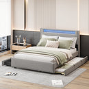 Full Size Upholstered Platform Bed with LED Frame, with Twin  Size Trundle and 2 drawers, Teddy Fleece, Gray
