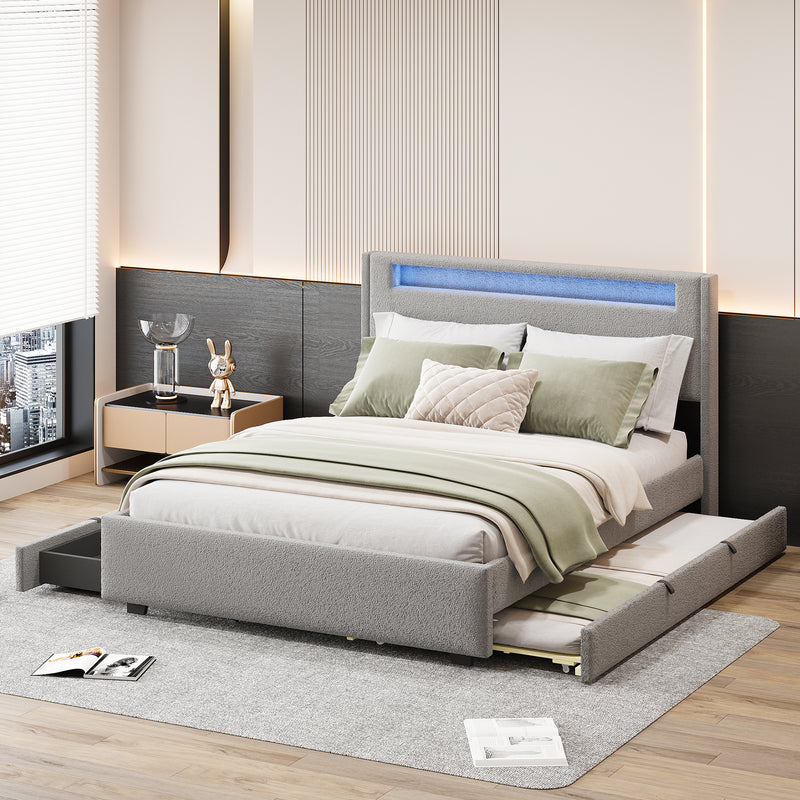 Full Size Upholstered Platform Bed with LED Frame, with Twin  Size Trundle and 2 drawers, Teddy Fleece, Gray