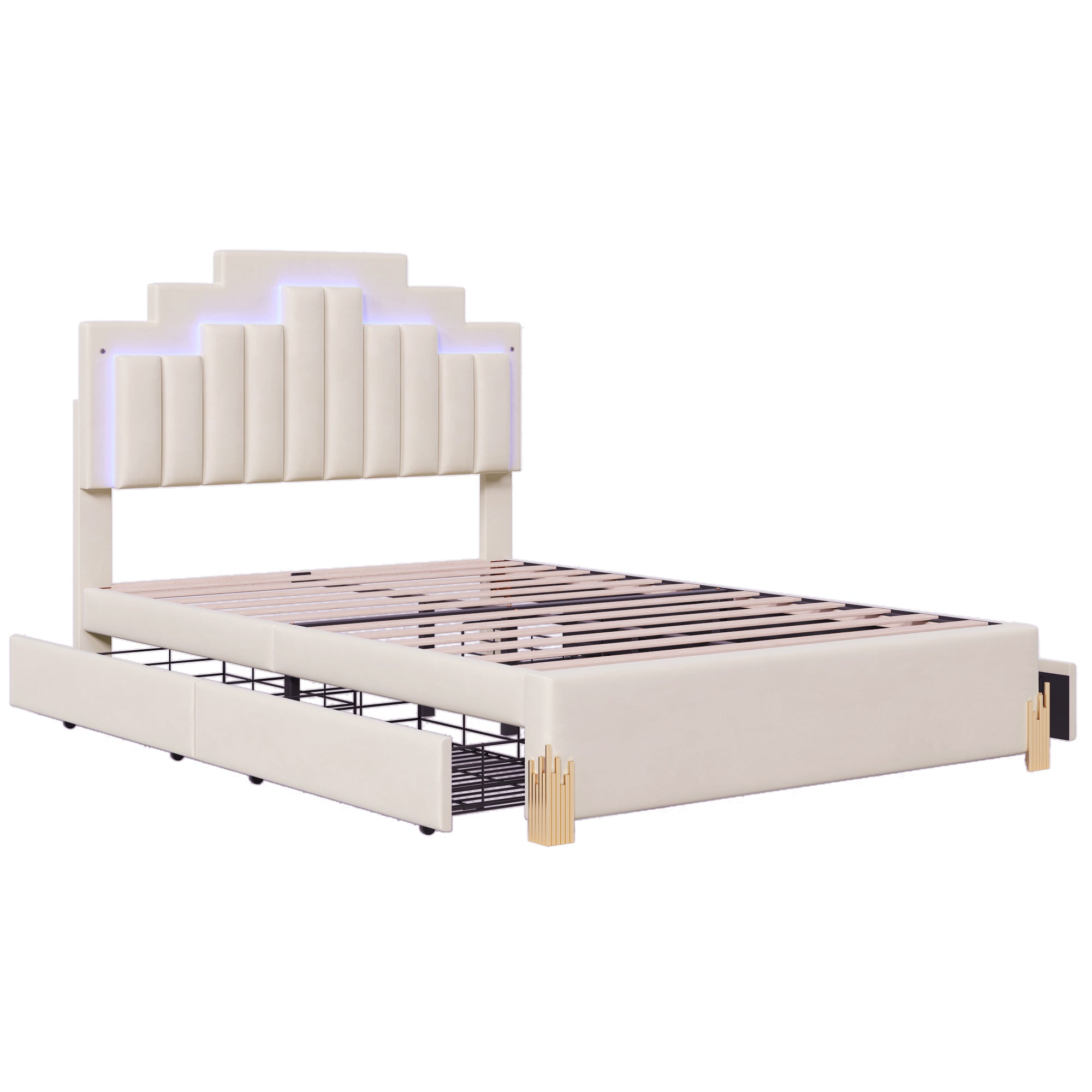 Full Size Upholstered Platform Bed with LED Lights and 4 Drawers, Stylish Irregular Metal Bed Legs Design, Beige - Atlantic Fine Furniture Melbourne FL
