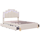 Full Size Upholstered Platform Bed with LED Lights and 4 Drawers, Stylish Irregular Metal Bed Legs Design, Beige