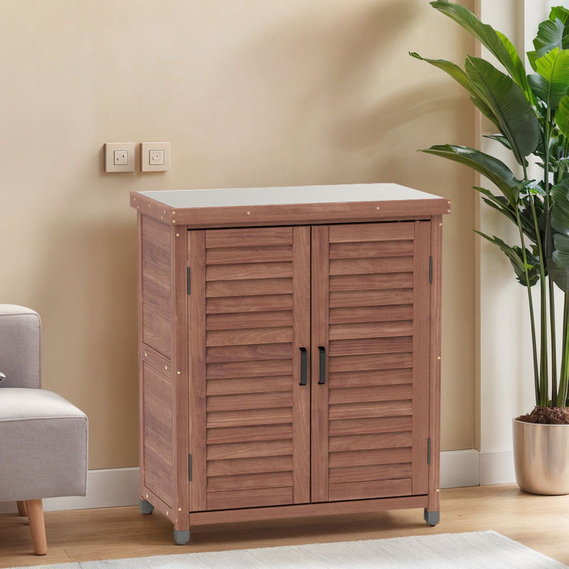 Potting Bench With Storage Cabinet And Metal Table Top For Outdoor