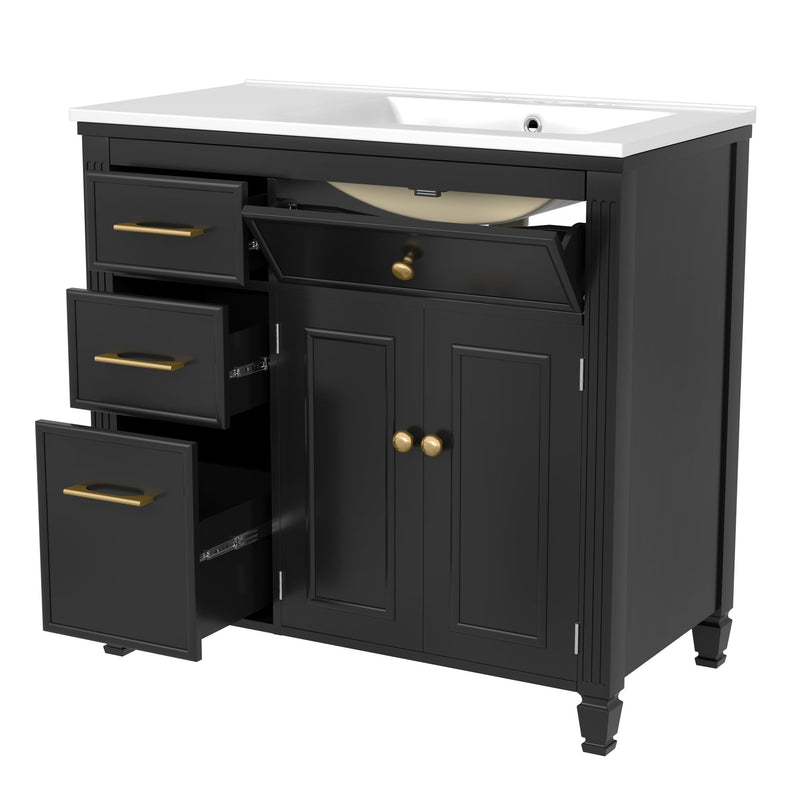 Modern Bathroom Vanity With Ceramic Sink, Freestanding, One Tip Out Drawer, 3 Side Drawers, Adjustable Shelf