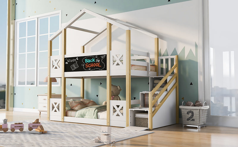 Twin over Twin House Bunk Bed with White Storage Staircase and Blackboards, White