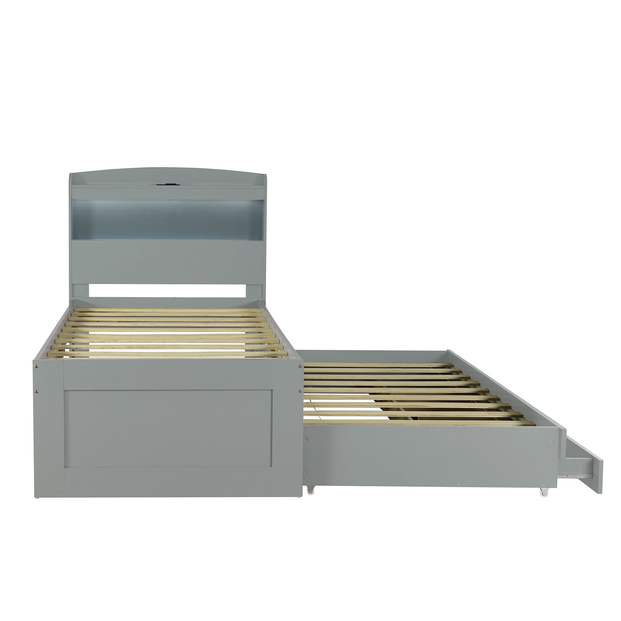 Twin XL Size Platform Bed with Storage LED Headboard, Charging Station, Twin Size Trundle and 2 Drawers, Gray - Atlantic Fine Furniture Melbourne FL