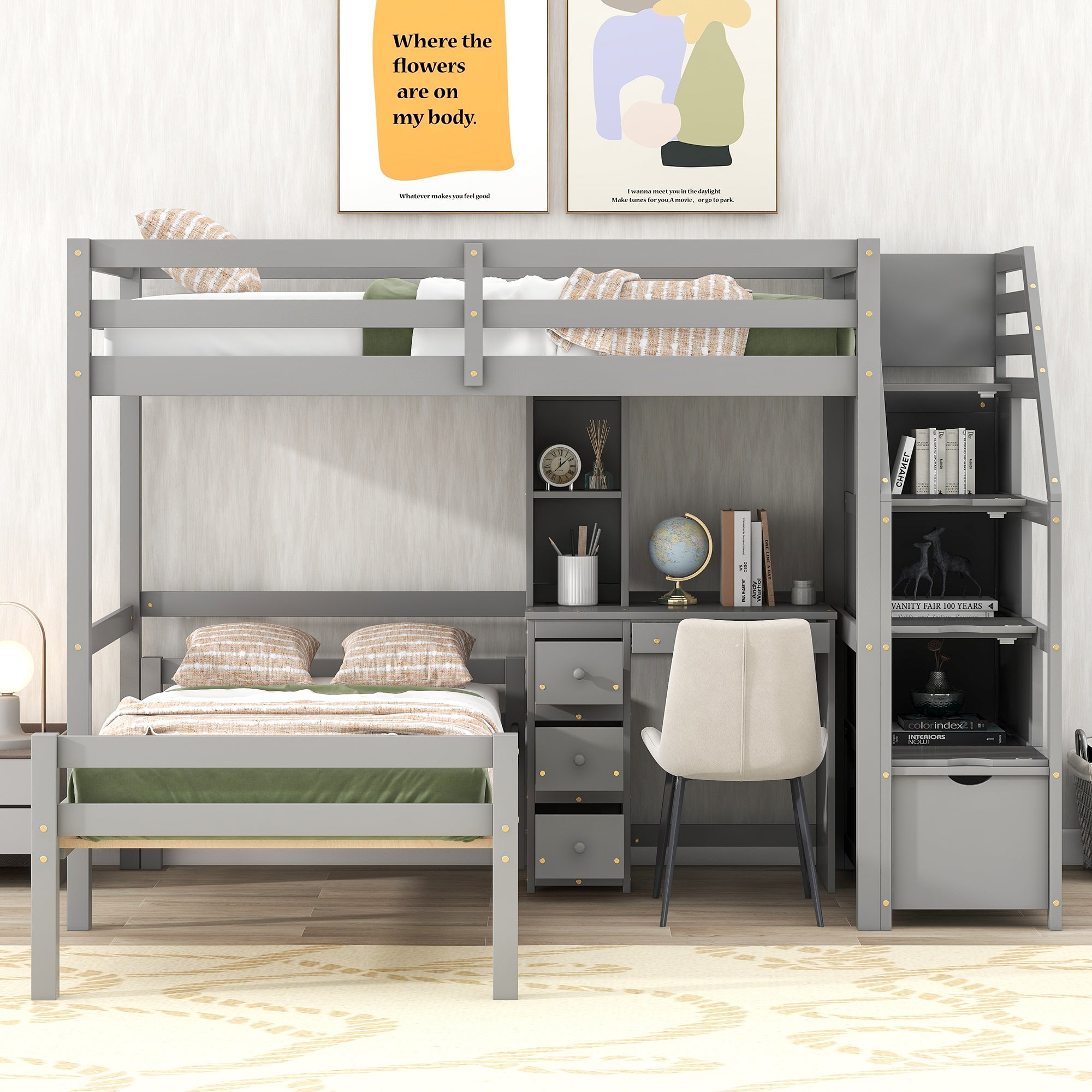 Twin Size Loft Bed with a Stand-alone Bed, Storage Staircase, Desk, Shelves and Drawers, Gray - Atlantic Fine Furniture Melbourne FL