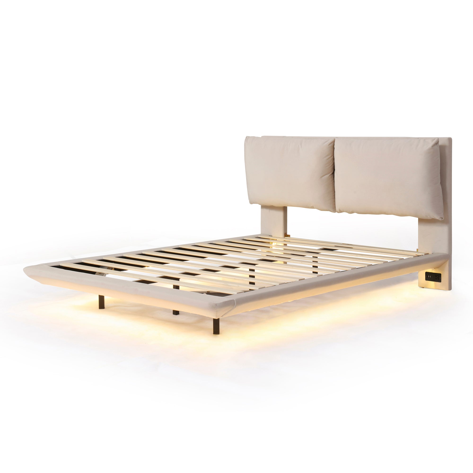 Queen Size Upholstered Platform Bed with Sensor Light and 2 Large Backrests, Stylish Platform Bed with 2 sets of USB Port and Socket on each rear Bed Leg, Beige - Atlantic Fine Furniture Melbourne FL