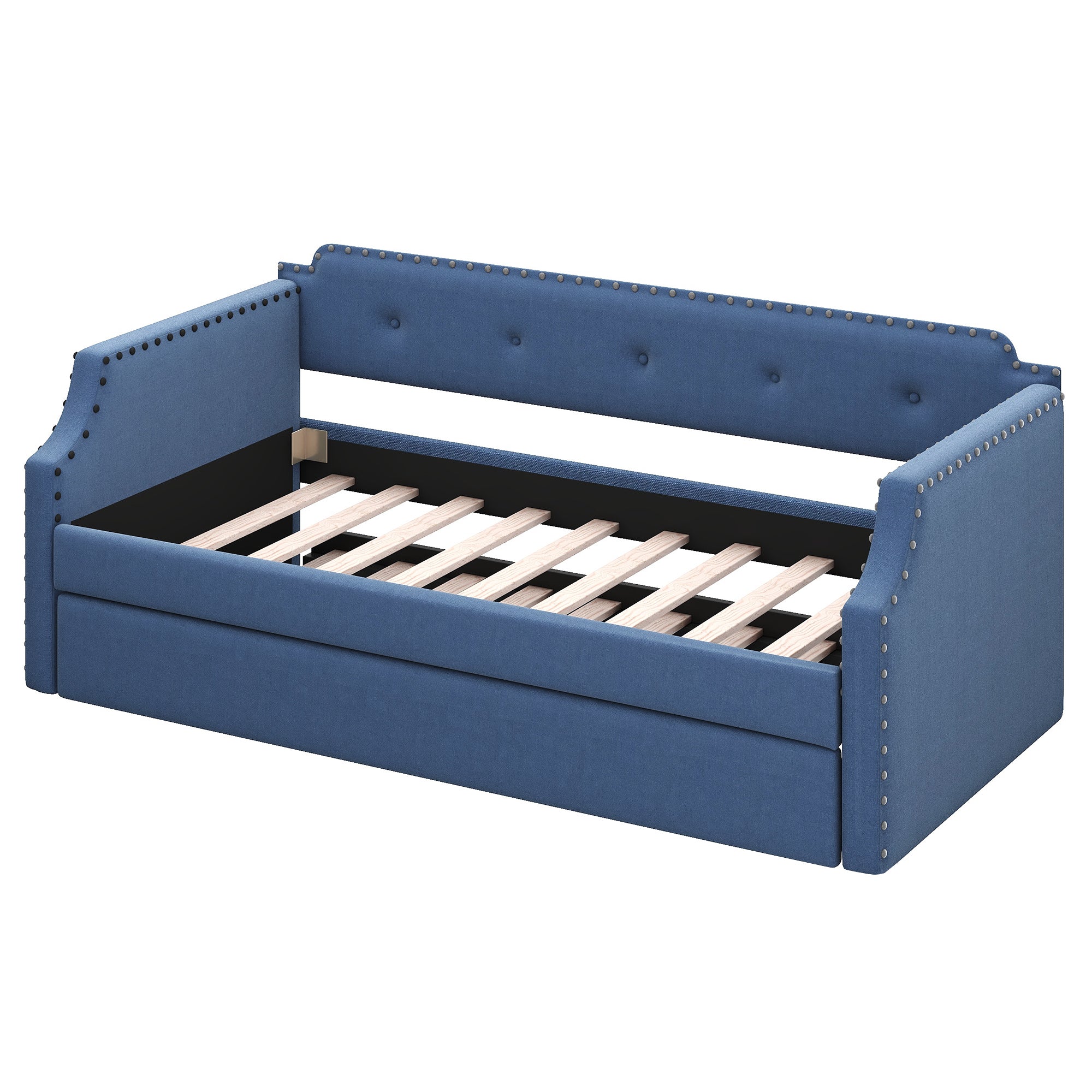Upholstered Daybed with Trundle, Wood Slat Support,Upholstered Frame Sofa Bed , Twin,Blue - Atlantic Fine Furniture Melbourne FL