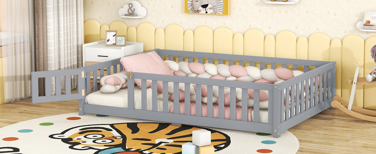 Full Size Bed Floor Bed with Safety Guardrails and Door for Kids, Gray