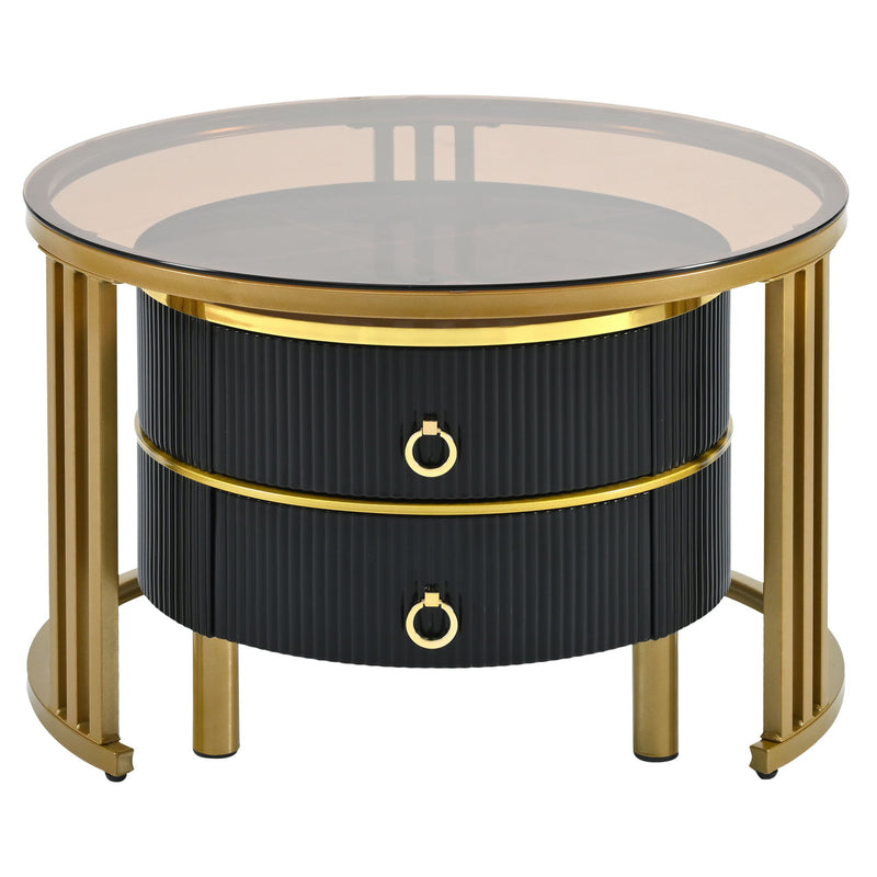 On Trend Stackable Coffee Table With 2 Drawers, Nesting Tables With Brown Tempered Glass And High Gloss Marble Tabletop, (Set of 2) Round Center Table For Living Room, Black
