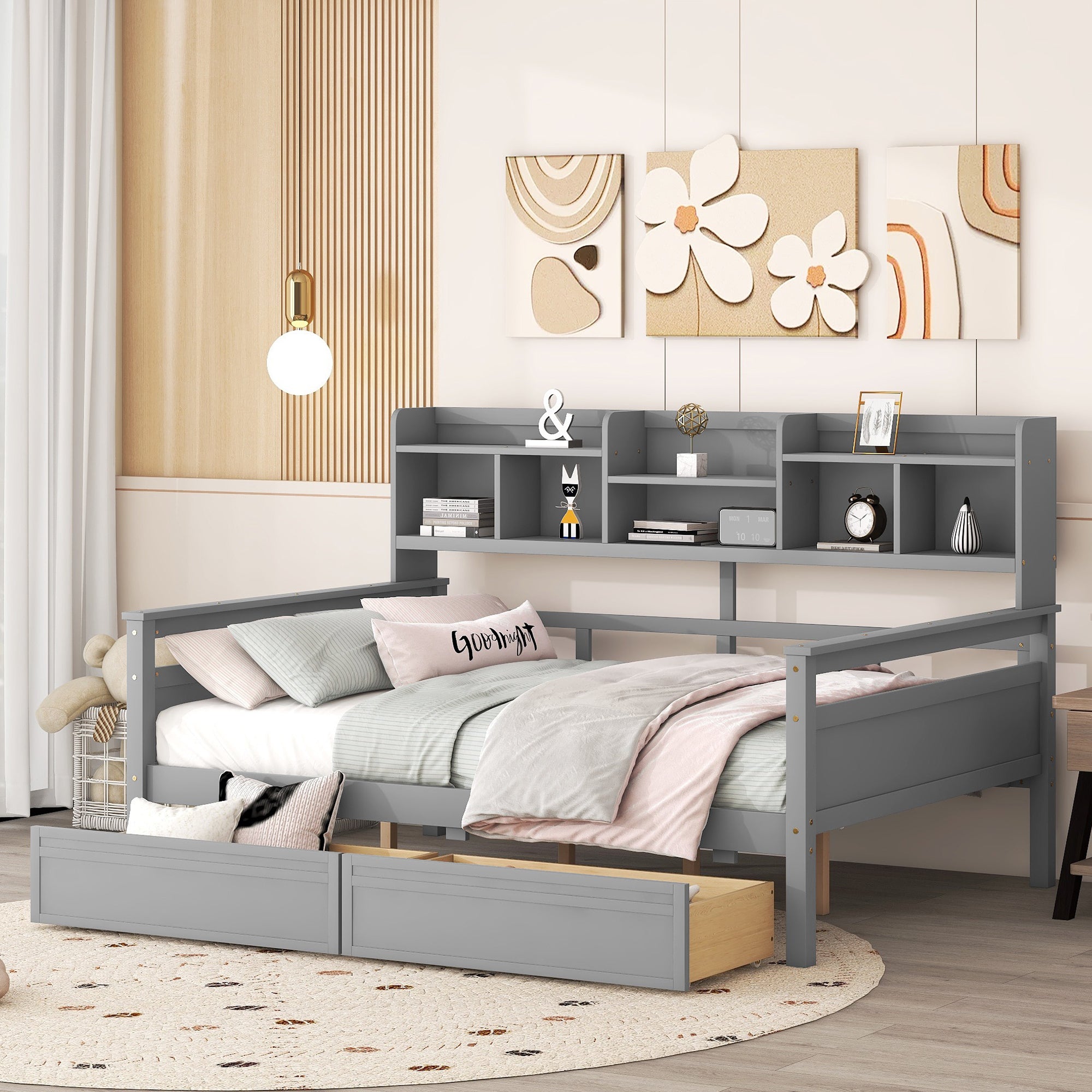 Full size Daybed, Wood Slat Support, with Bedside Shelf and Two Drawers, Gray - Atlantic Fine Furniture Melbourne FL