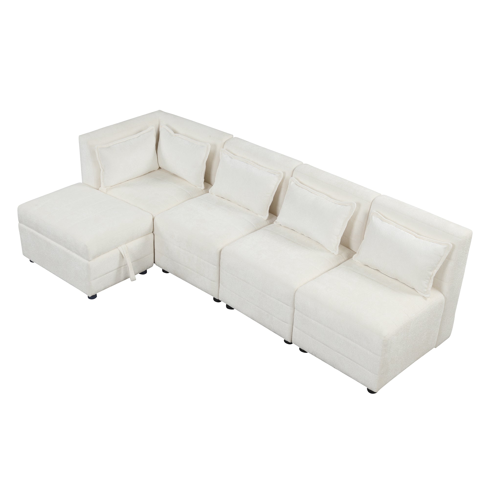 Free-Combined Sectional Sofa 5-seater Modular Couches with Storage Ottoman, 5 Pillows for Living Room, Bedroom, Office, Cream