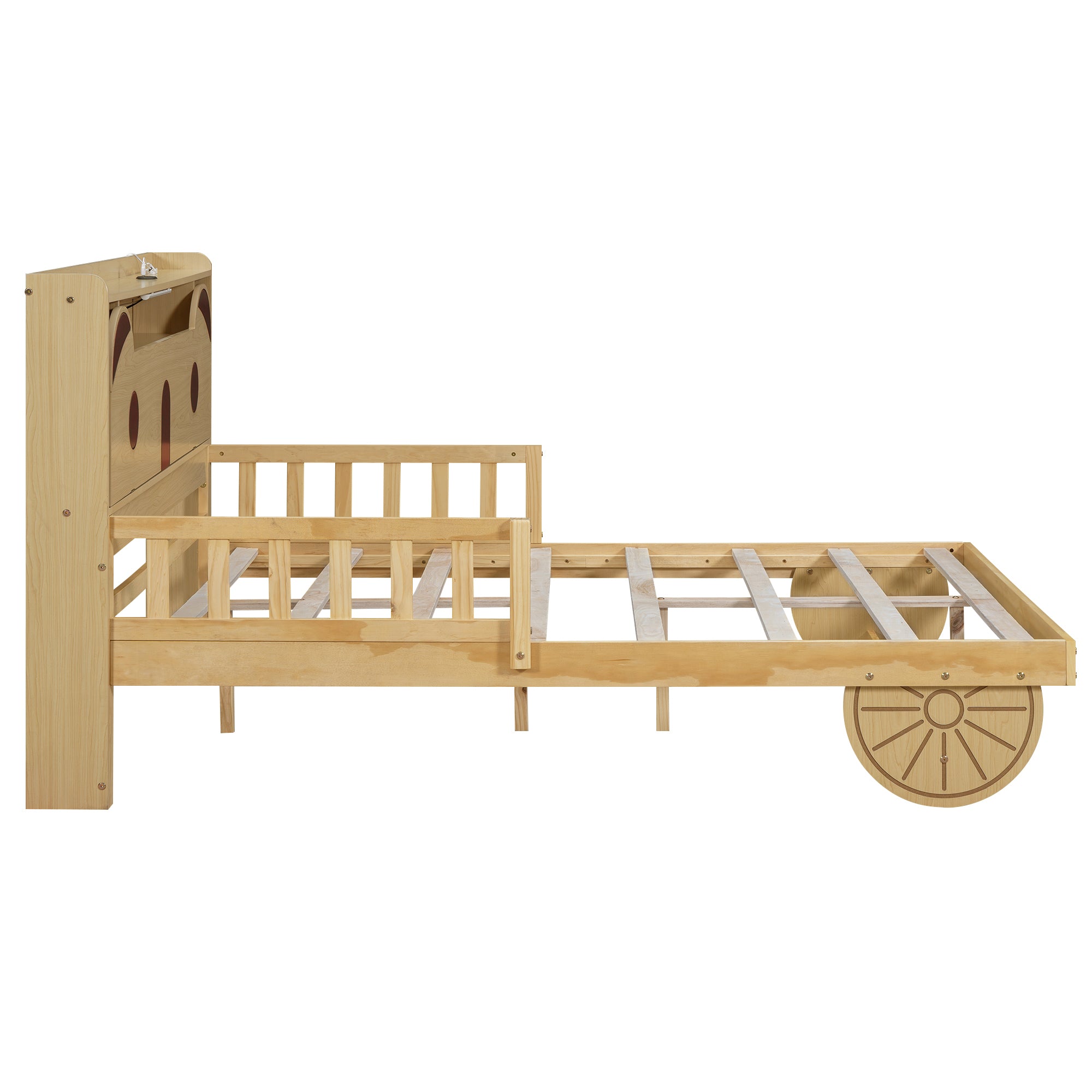 Full Size Car Bed with Bear-Shaped Headboard, USB and LED, Natural - Atlantic Fine Furniture Melbourne FL