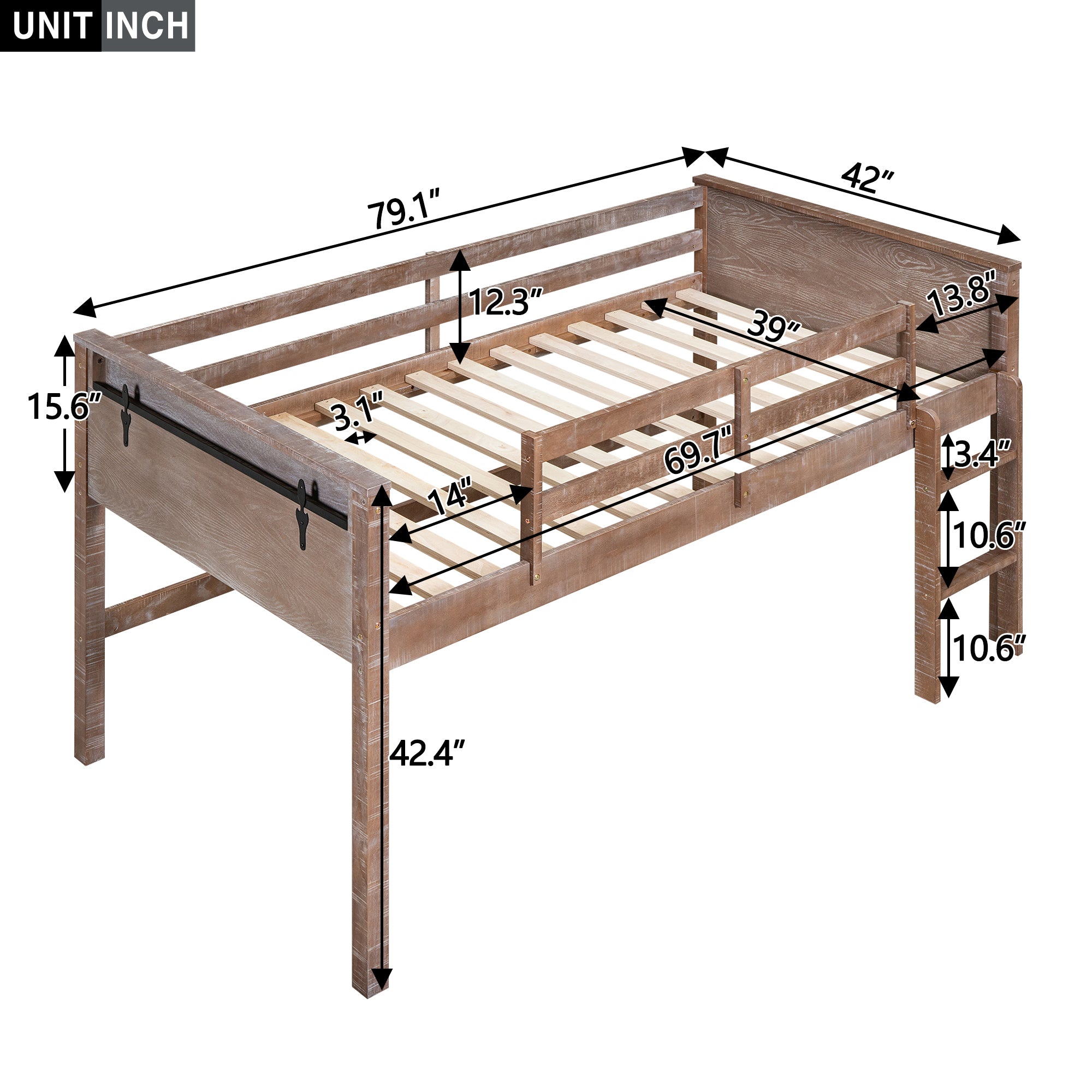 Wood Twin Size Loft Bed with Hanging Clothes Racks, White Rustic Natural - Atlantic Fine Furniture Melbourne FL
