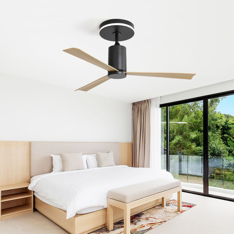 Modern Flush Mount Ceiling Fan With Led Light And Remote Control, 3 ABS Blades Noiseless Reversible Dc Motor For Patio Living Room - Matte Black