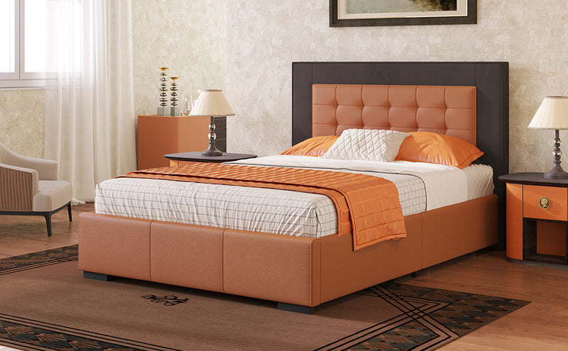 Modern Style Upholstered Queen Platform Bed Frame with Four Drawers, Button Tufted Headboard with PU Leather and Velvet, Two Color, Orange and Brown